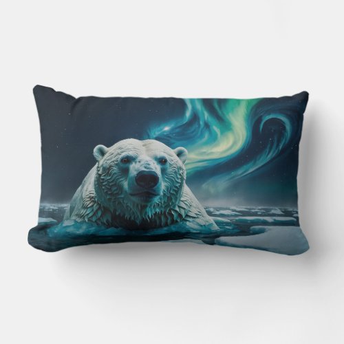Polar Bear Ice Floes and Aurora Art Lumbar Pillow
