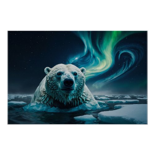 Polar Bear Ice Floes and Aurora Art Poster