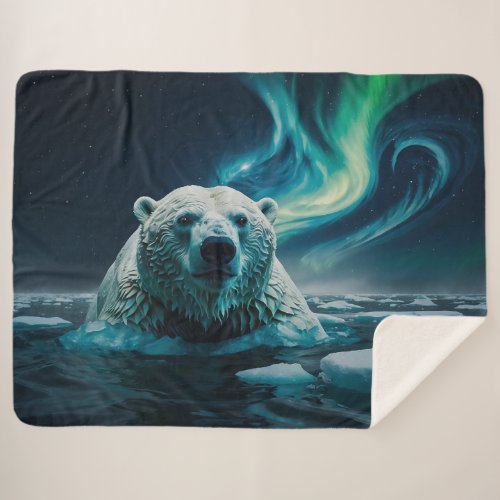 Polar Bear Ice Floes and Aurora Art Sherpa Blanket