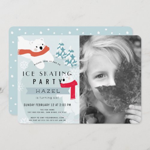 Polar Bear Ice Skating Blue Photo Birthday Party Invitation