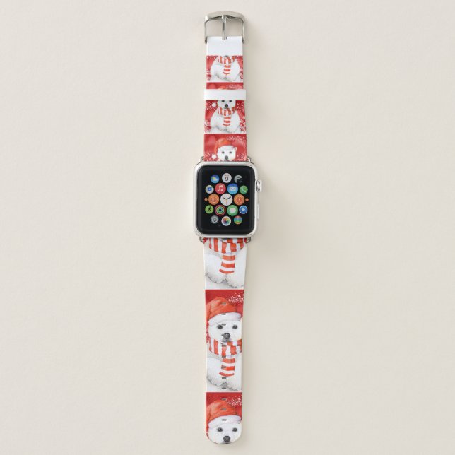 polar bear in a santa cap - snowflakes w white apple watch band (Front)