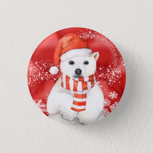 polar bear in a santa cap _ snowflakes w white button