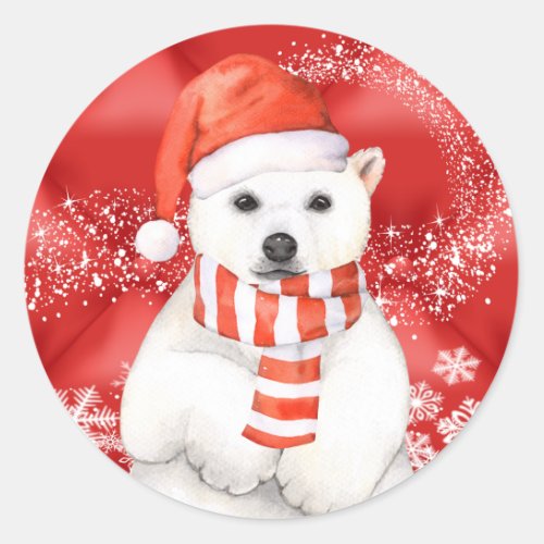 polar bear in a santa cap _ snowflakes w white classic round sticker