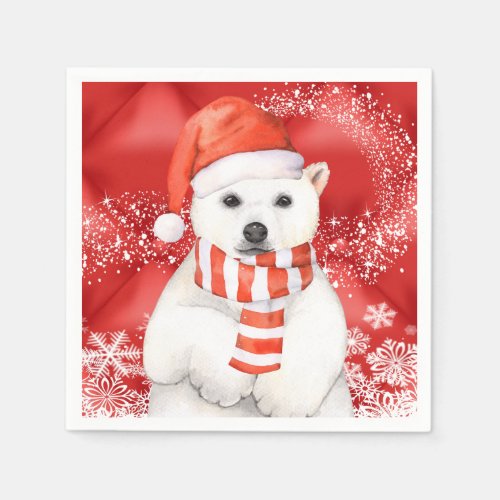 polar bear in a santa cap _ snowflakes w white napkins