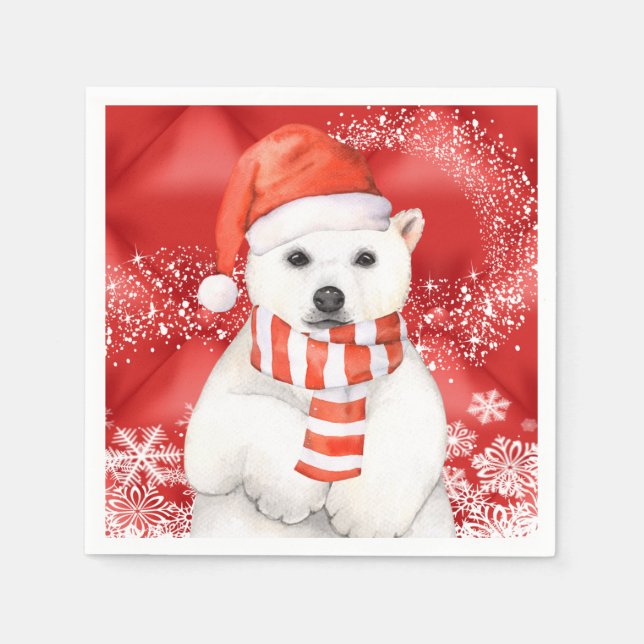 polar bear in a santa cap - snowflakes w white napkins (Front)