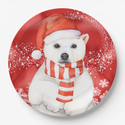 polar bear in a santa cap _ snowflakes w white paper plates