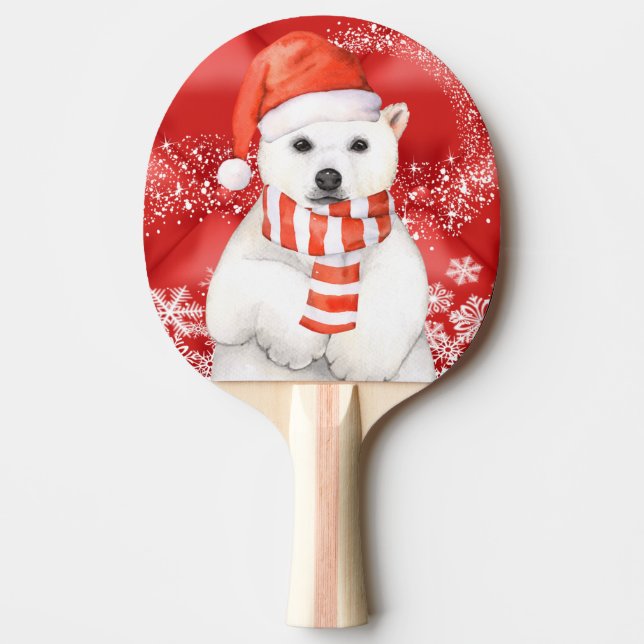polar bear in a santa cap - snowflakes w white Ping-Pong paddle (Front)