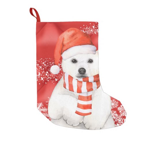 polar bear in a santa cap _ snowflakes w white small christmas stocking