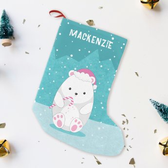 Polar Bear in Pink Santa hat Cute Cartoon Blue