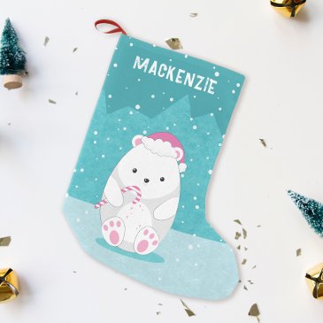 Polar Bear in Pink Santa hat Cute Cartoon Blue