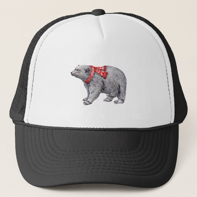 Polar Bear in Red Scarf Trucker Hat (Front)