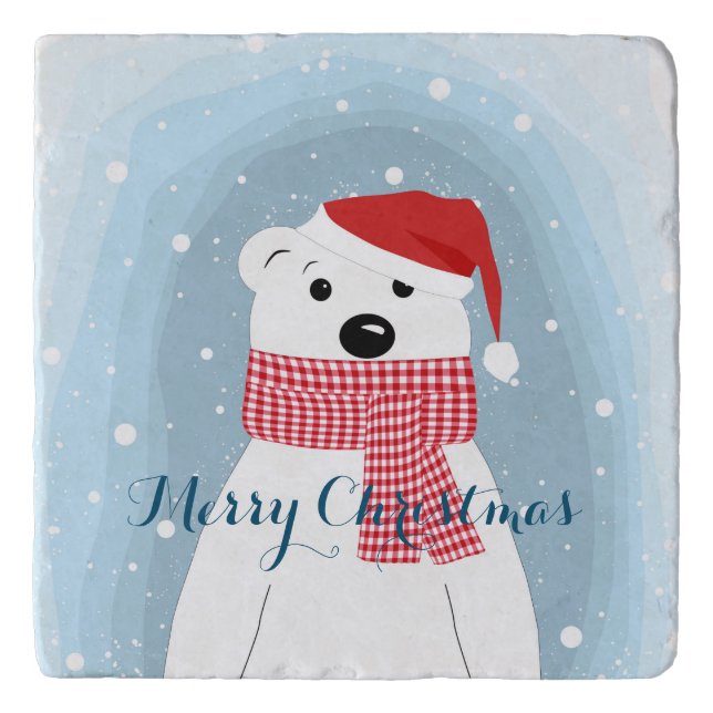 Polar bear in Santa hat, personalized Trivet (Front)