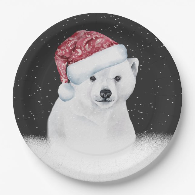 Polar Bear In Snowflakes Paper Plates (Front)
