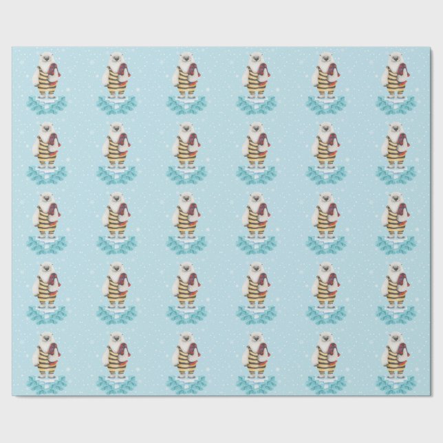 Polar Bear in Swimsuit Winter Snowflakes Blue Wrapping Paper (Seam)