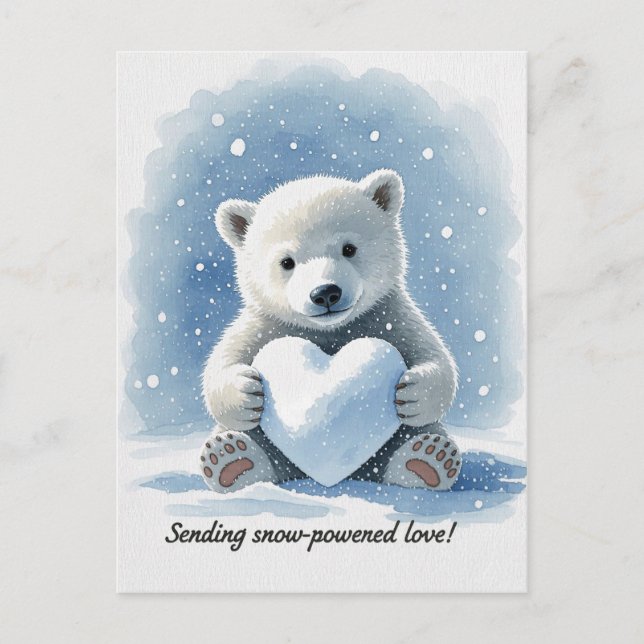 Polar bear in the snow with heart shaped snowball postcard (Front)