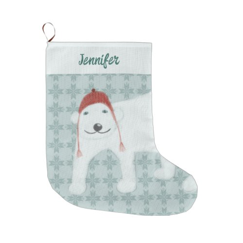 Polar Bear in Winter Hat Personalized Large Christmas Stocking
