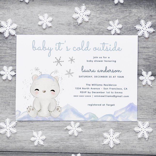 Polar Bear It's Cold Outside Winter Baby Shower Invitation (Polar Bear Baby It's cold Outside Card with blue watercolor snowflakes. Image from freepik)