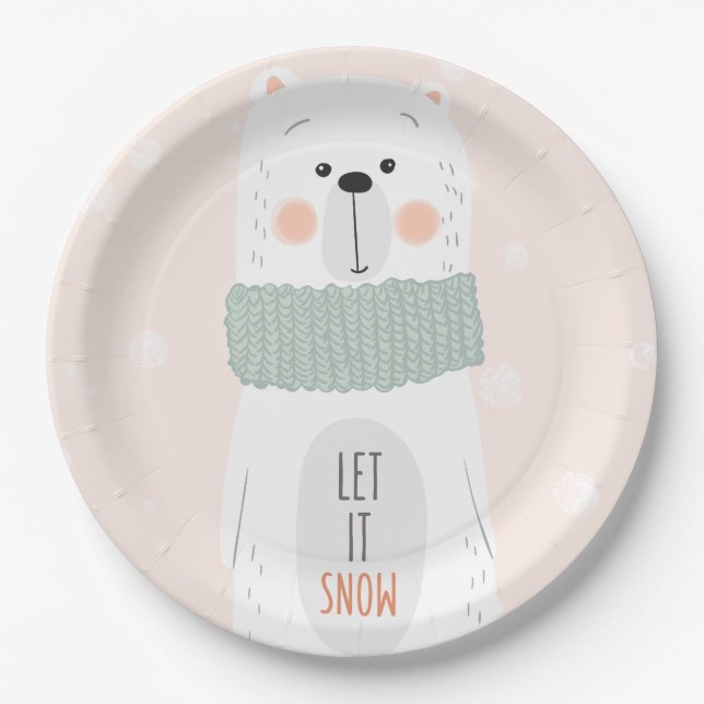 Polar bear - Let it snow - Cute Winter / Christmas Paper Plates (Front)