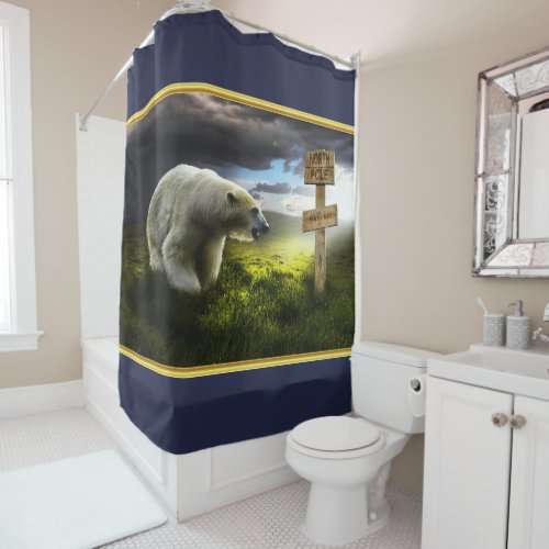 Polar bear looking at the north pole wooden blue shower curtain