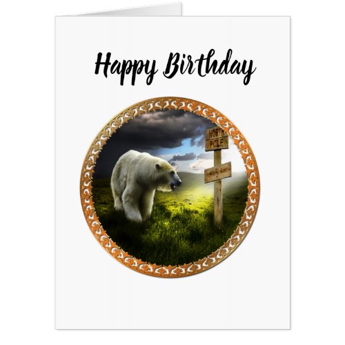 polar bear looking at the north pole wooden sign card