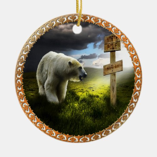 polar bear looking at the north pole wooden sign ceramic ornament