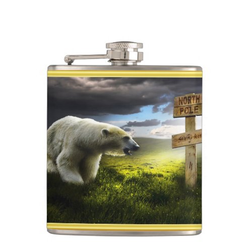 Polar bear looking at the north pole wooden sign flask