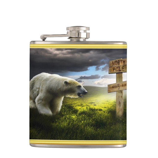 Polar bear looking at the north pole wooden sign flask (Front)