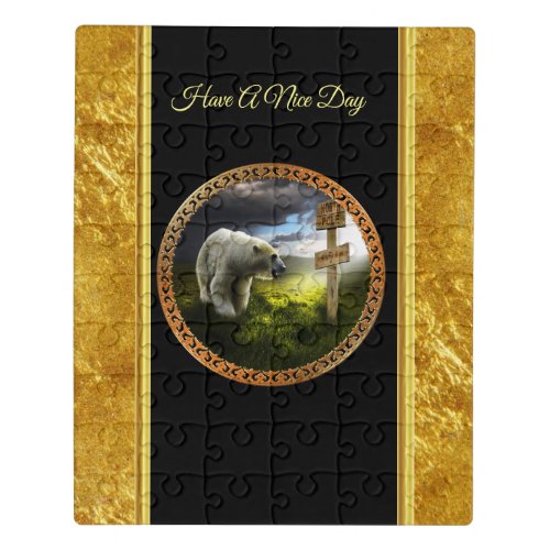 polar bear looking at the north pole wooden sign jigsaw puzzle