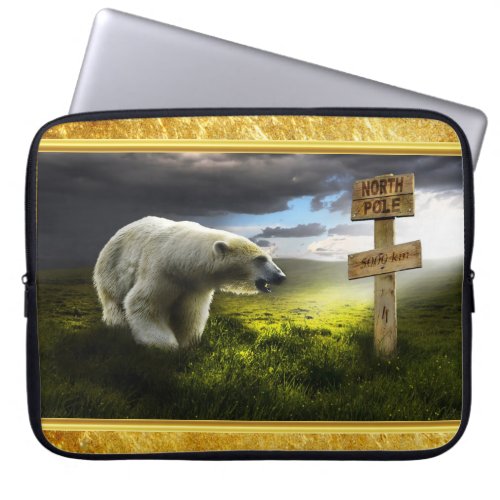 Polar bear looking at the north pole wooden sign laptop sleeve