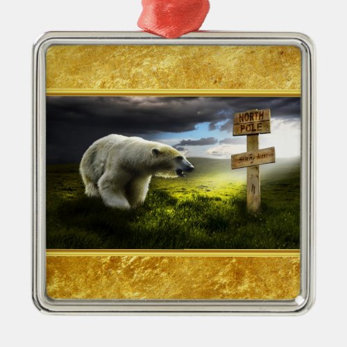 Polar bear looking at the north pole wooden sign metal ornament