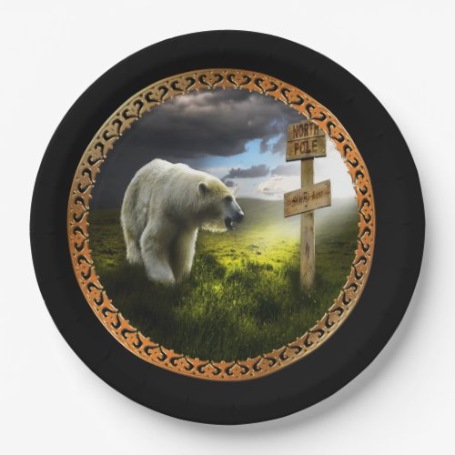 polar bear looking at the north pole wooden sign paper plates