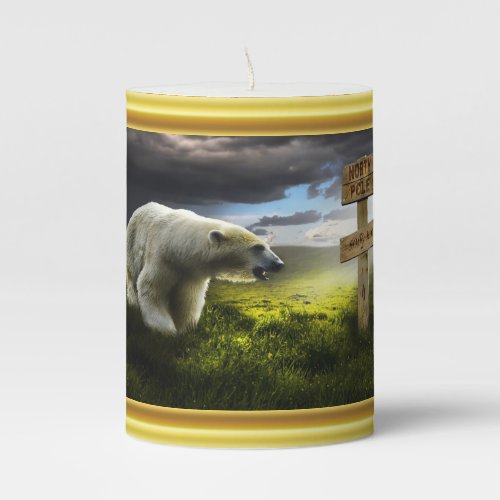 Polar bear looking at the north pole wooden sign pillar candle