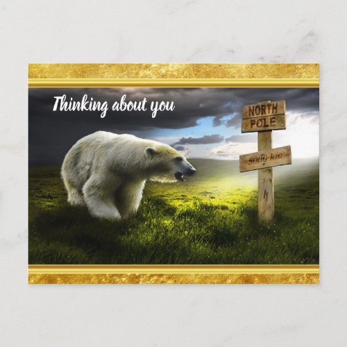 Polar bear looking at the north pole wooden sign postcard
