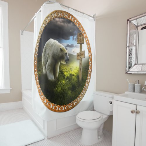 polar bear looking at the north pole wooden sign shower curtain