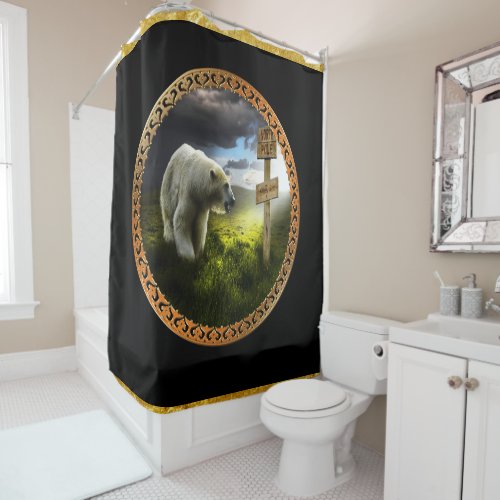 polar bear looking at the north pole wooden sign shower curtain