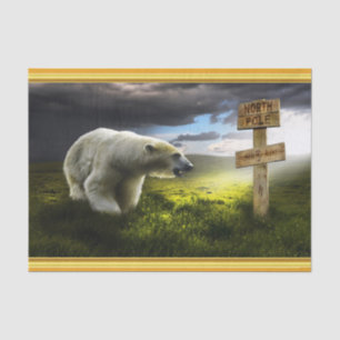 Polar bear looking at the north pole wooden sign tissue paper