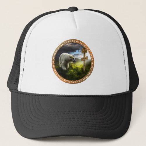 polar bear looking at the north pole wooden sign trucker hat