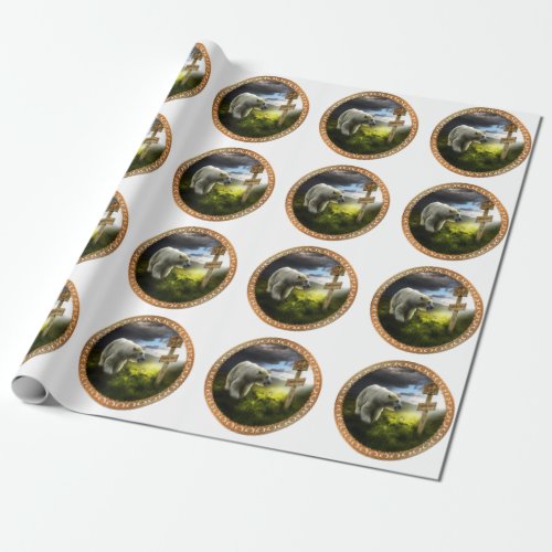 polar bear looking at the north pole wooden sign wrapping paper