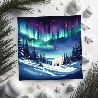 Polar Bear mesmerized by the Northern Lights Holiday Card
