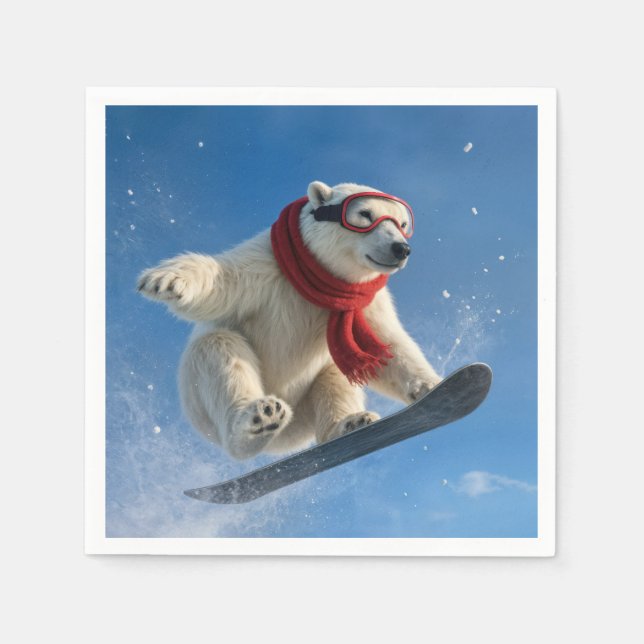 Polar Bear Mid-air on a Snowboard Napkins (Front)