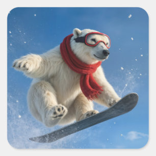 Polar Bear Mid-air on a Snowboard Square Sticker
