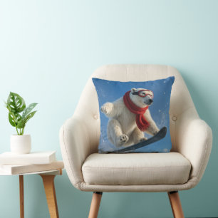 Polar Bear Mid-air on a Snowboard Throw Pillow