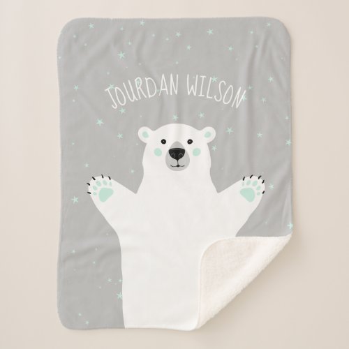 Polar Bear Mint Gray Add Your Name Baby Sherpa Blanket