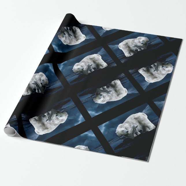 Polar Bear - Mirrored Black Wrapping Paper (Unrolled)