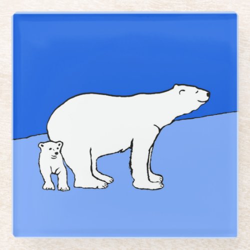 Polar Bear Mom and Cub Painting _ Wildlife Art Glass Coaster