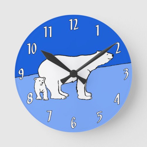 Polar Bear Mom and Cub Painting _ Wildlife Art Round Clock