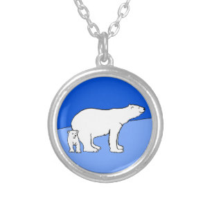 Polar Bear Mom and Cub Painting - Wildlife Art Silver Plated Necklace
