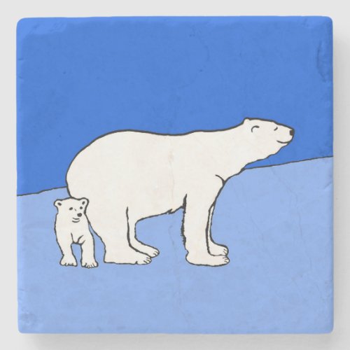 Polar Bear Mom and Cub Painting _ Wildlife Art Stone Coaster