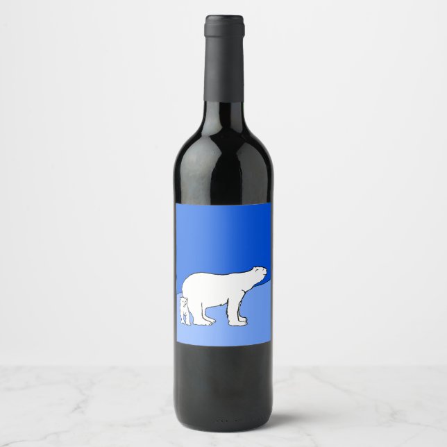 Polar Bear Mom and Cub Painting - Wildlife Art Wine Label (Front)