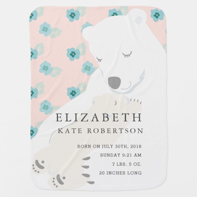 Polar Bear Mom & Baby Girl Stats Baby Blanket (Front)